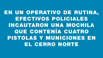 En un operativo de rutina, efectivos policiales incautaron una mochila que contenía cuatro pistolas y municiones en el Cerro Norte