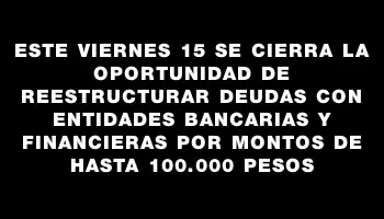 Este viernes 15 se cierra la oportunidad de reestructurar deudas con entidades bancarias y financieras por montos de hasta 100.000 pesos