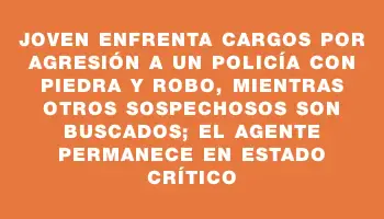 Joven enfrenta cargos por agresión a un policía con piedra y robo, mientras otros sospechosos son buscados; el agente permanece en estado crítico