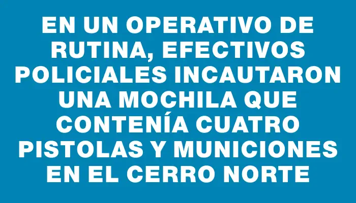 En un operativo de rutina, efectivos policiales incautaron una mochila que contenía cuatro pistolas y municiones en el Cerro Norte