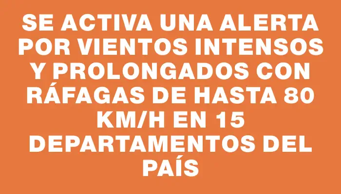 Se activa una alerta por vientos intensos y prolongados con ráfagas de hasta 80 km/h en 15 departamentos del país