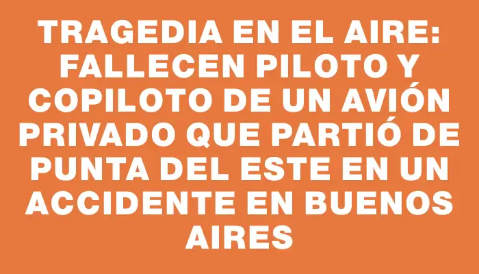 Tragedia en el aire: Fallecen piloto y copiloto de un avión privado que partió de Punta del Este en un accidente en Buenos Aires